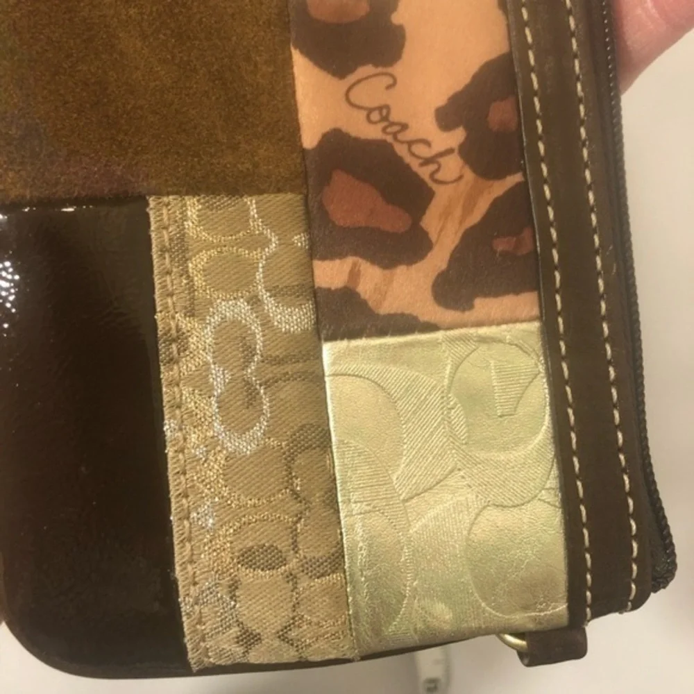 Coach brown multi texture patchwork wristlet bag